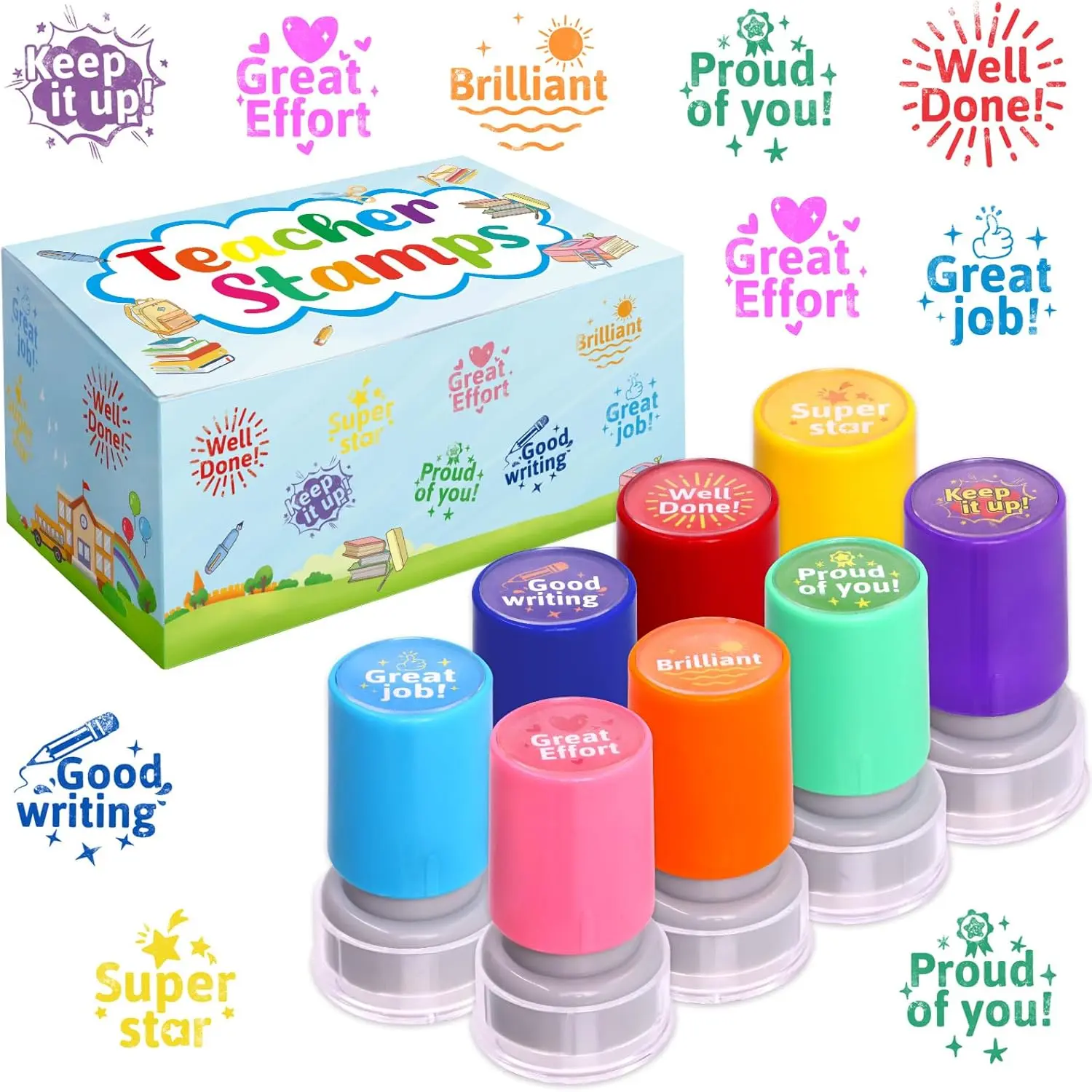 8 Pack Teacher Self-Inking Stamps for Classroom Grading, Homework & Test Feedback, Motivational Student Reward Rubber Stamps, Behavior Recognition Supplies