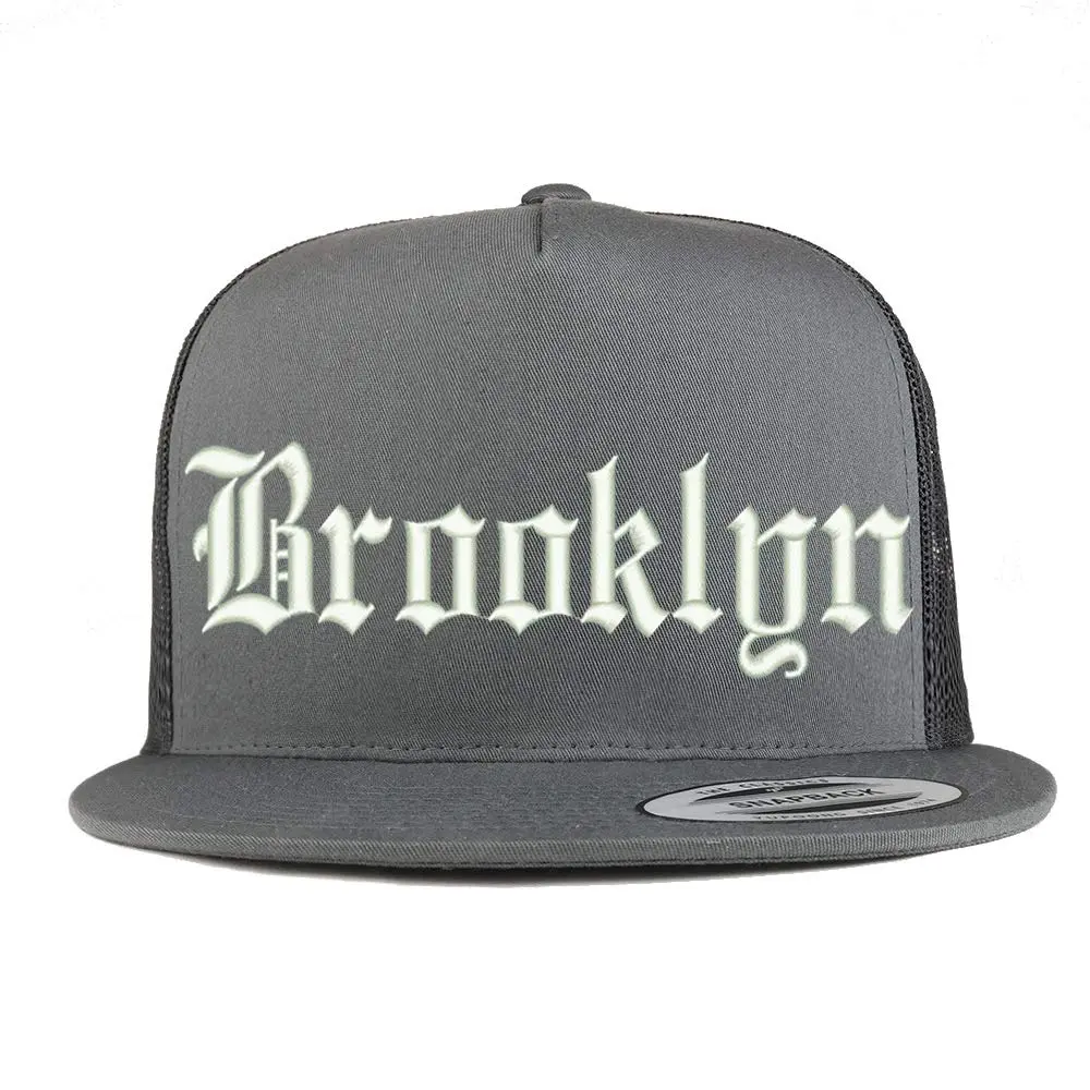 Trendy Apparel Shop Old English Font Brooklyn City Embroidered 5 Panel Mesh Cap - Charcoal