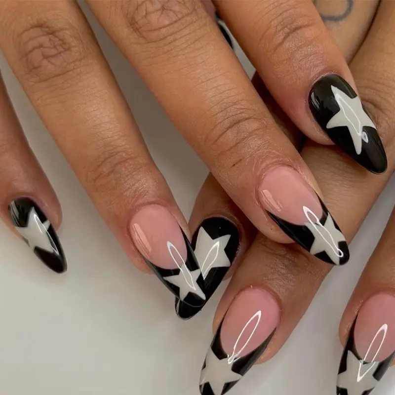 Star Pattern Fake Nails with Nail File & Sticker Sheet, Long Almond False Nails for Women & Girls DIY Nail Art, Effortless Stick On Nails Manicure Set, Fake Nails Kit