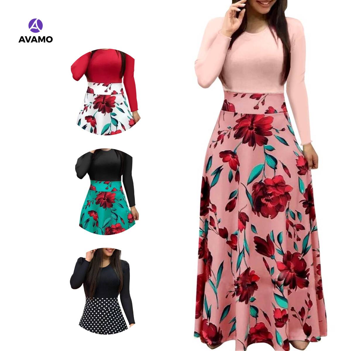Avamo Women birthday Party Dress Floral Maxi Print Boho Skirt Dress Long Sleeve Bodycon Skater Long Maxi Dress Casual Ch