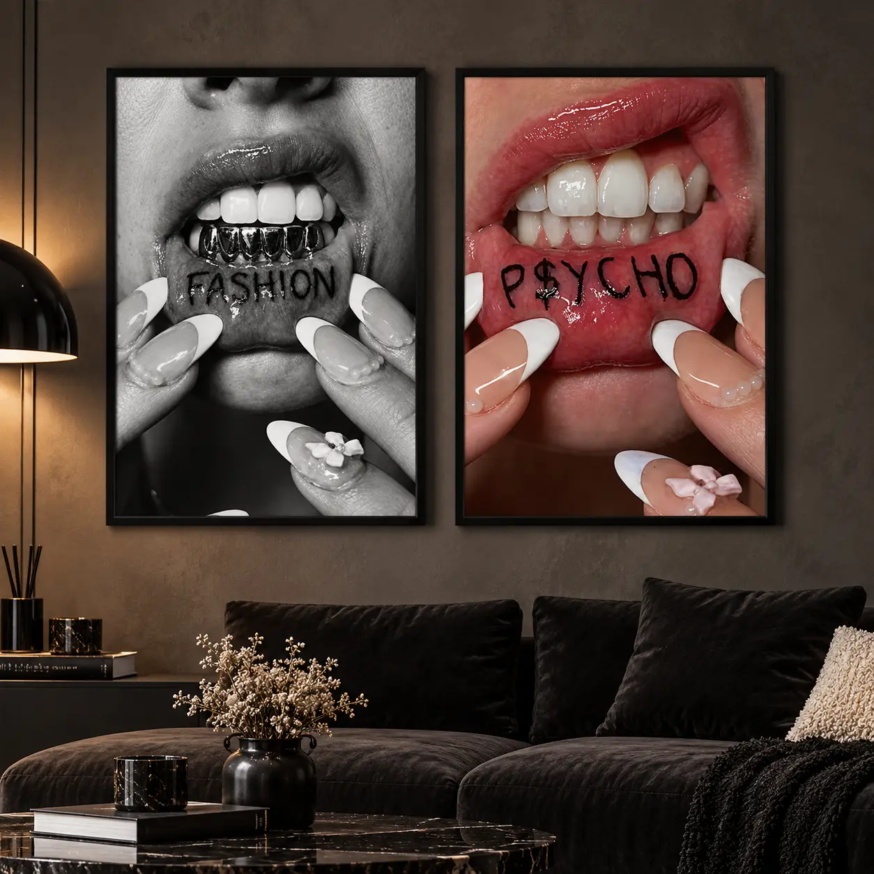 Psycho & Fashion Lips Wall Art Poster, Y2K Edgy Girl Aesthetic Print, Pink Mouth or Black White Grillz Teeth Design, Trendy Streetwear Bedroom Dorm Room Decor, Single Poster