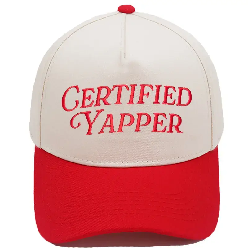 Certified Yapper Embroidered Trucker Hat | Funny Talkative Saying Baseball Cap | Red and Cream Two Tone Snapback | Adjustable Casual Hat for Women | Best Friend Gift | Party Vacation and Everyday Wear Cap
