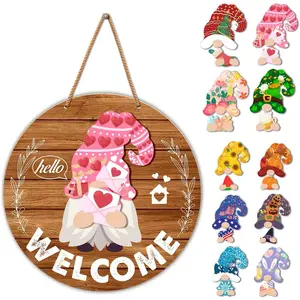 Interchangeable Gnome Welcome Sign Valentine's Day Porch Decor, Changeable Wooden Gnomes Front Door Decoration Wall Hanging Wreath Hangers