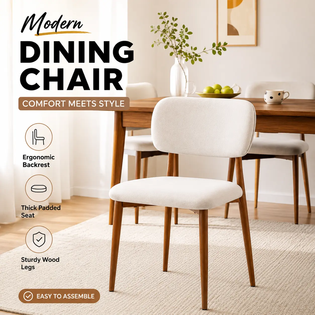 Giratree Dining Chairs Set of 2/4, High-Quality Gray White Fabric Finish Wooden Dining Chair Armless, Wood Grain Metal Frame with Adjustable Feet Mid-Century Modern Upholstered Dining Room Chair for Home Kitchen Dining Room Restaurant