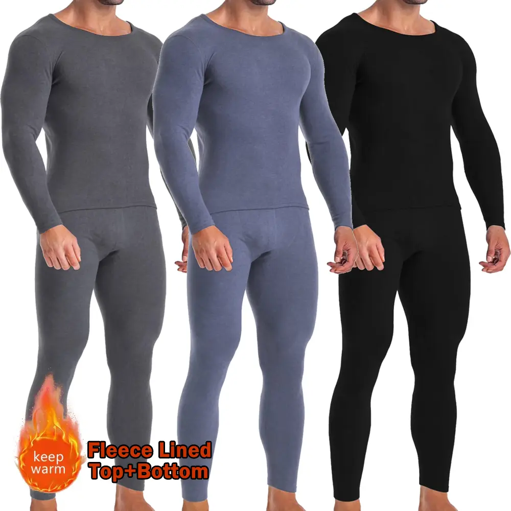 Men's Fleece-Lined Thermal Underwear Set - 4-Way Stretch Fabric, Sweat-Wicking Base Layer, Full Length Cold Weather Pajamas, Soft, Breathable, Four-Way Stretch