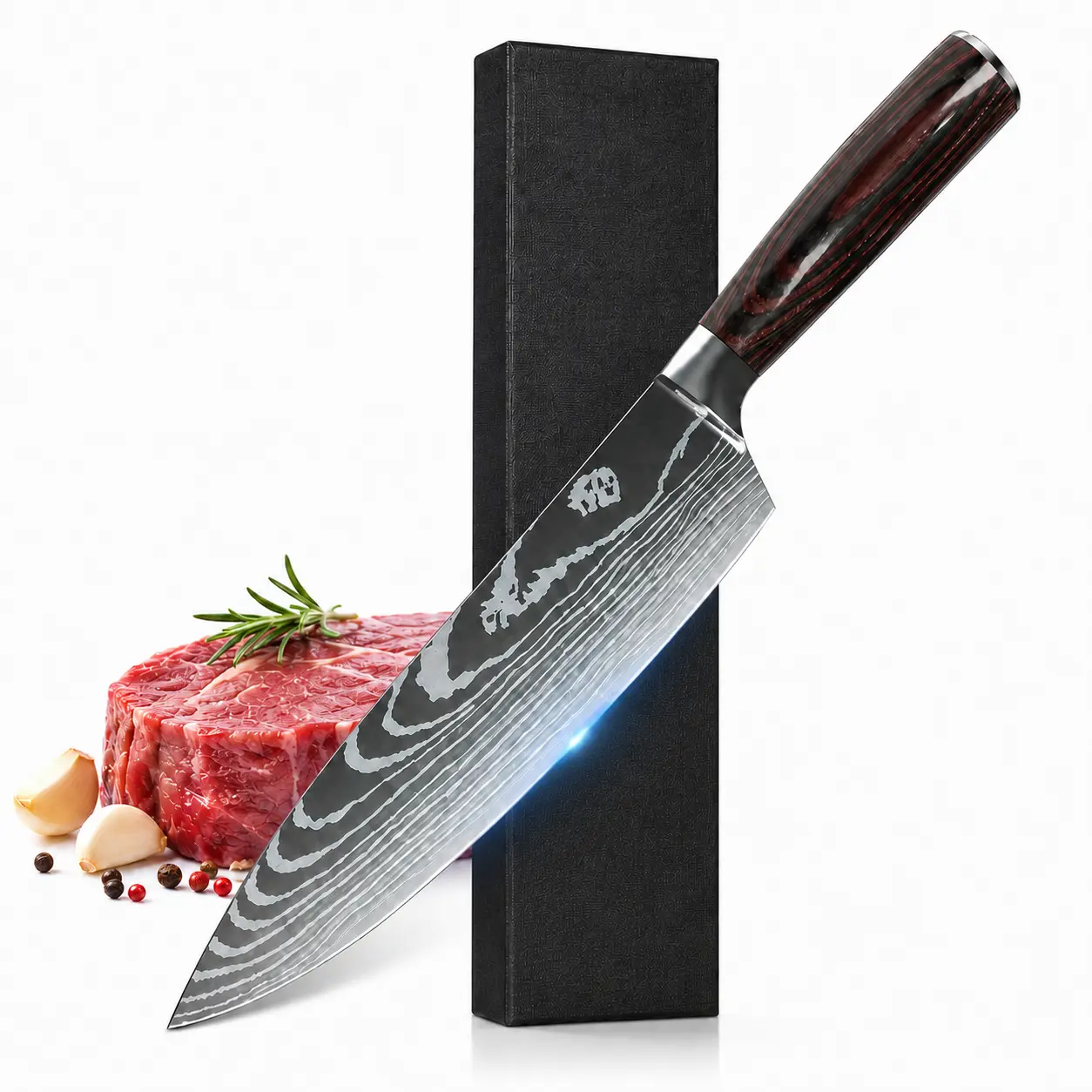 Premium Household Culinary Knife - Home Cooking Tool with Culinary Shape, Layered Blade, Grain Pattern, Elegant Damascus Finish, Comfort Non-Slip Wood Grip, Gift Box Included, Knives