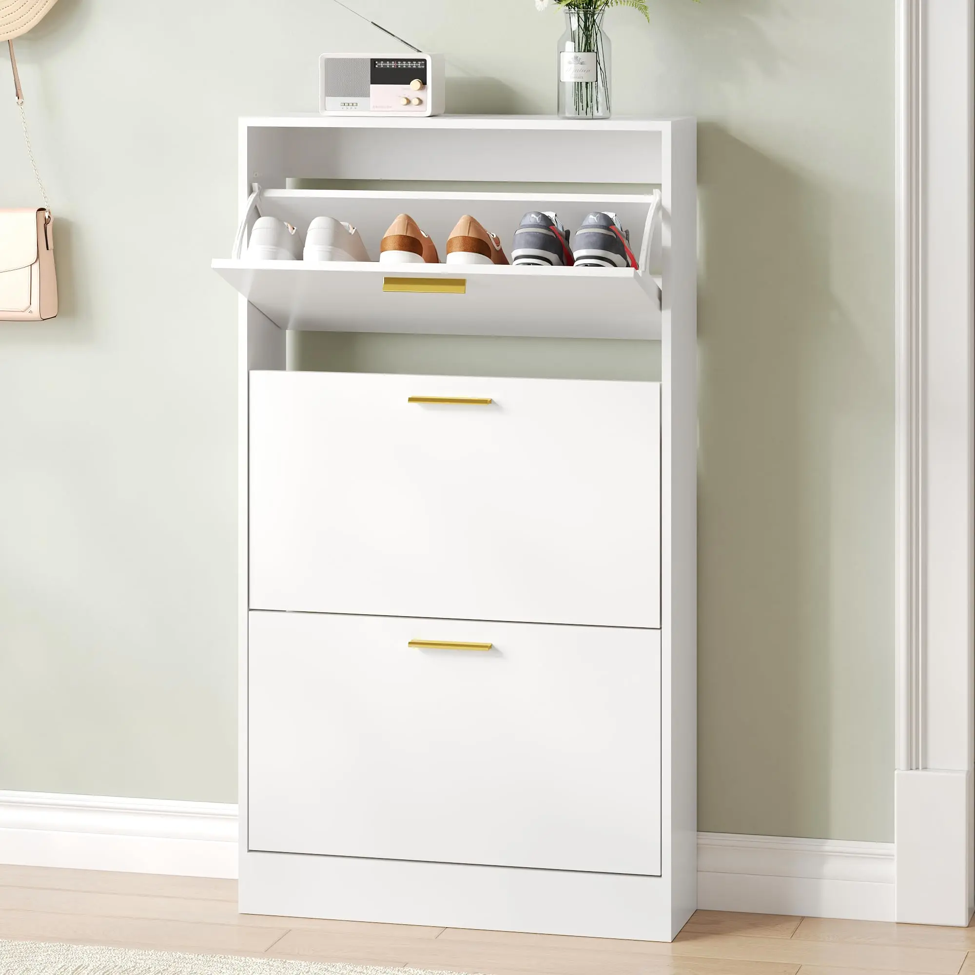NOVAMAISON Narrow Wooden Shoe Storage Cabinet with 3 Flip Drawers, Modern Freestanding Shoe Organizer for Entryway, Hallway & Living Room, Available in Black and White