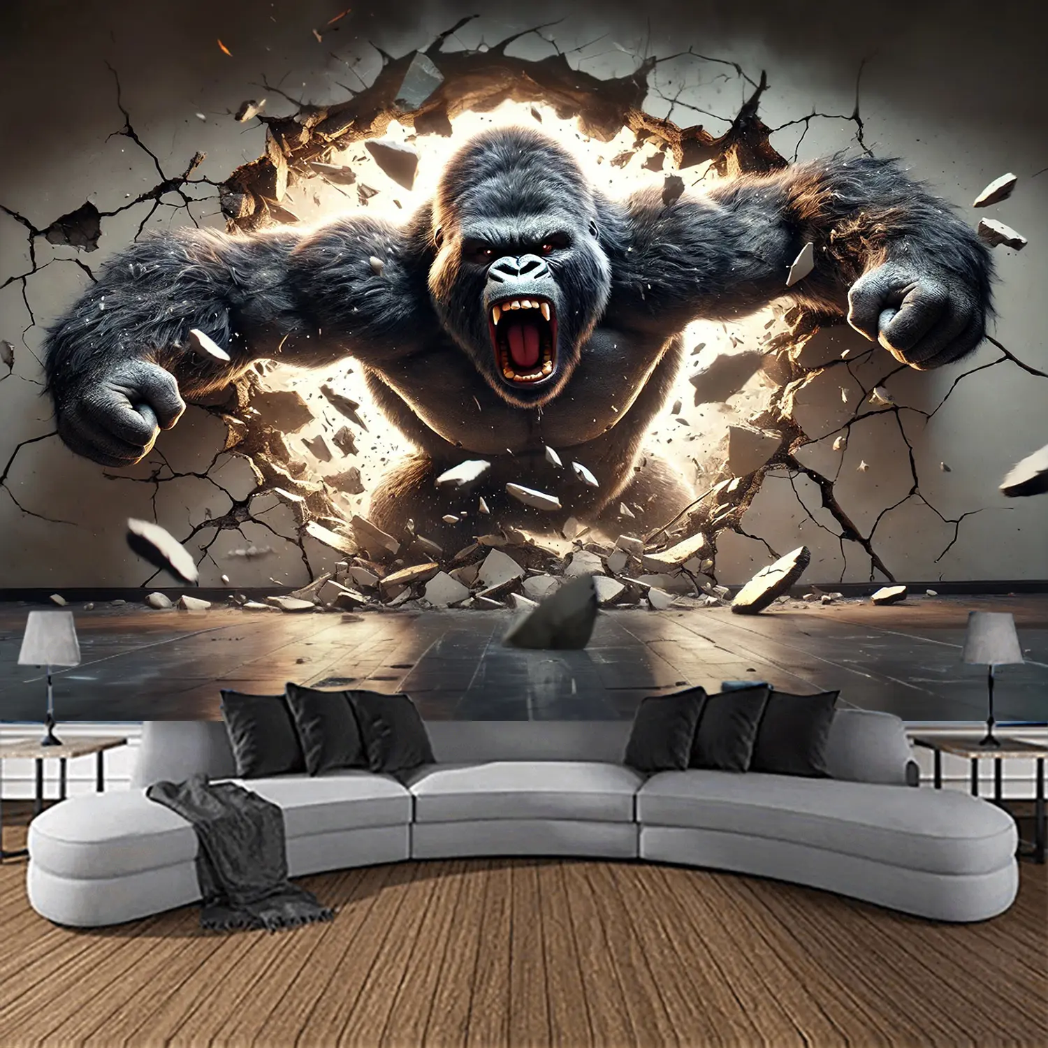 3D Dynamic Gorilla Wall Tapestry - Large Polyester Peach Skin Velvet Hanging Fabric with Woven 3D Effect, No-Installation Primate Home Supplies Wall Art for Living Room Decor, Primates