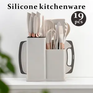 19-Piece High Carbon Stainless Steel Kitchen Knife Set with Pastel white/pink/grey/black Cutlery, Nonstick Wooden & Silicone Handles - Includes Serrated Steak Knives, Chef Knife, Bread Knife & Scissors, with Storage Block | Funky Kitchen Supplies