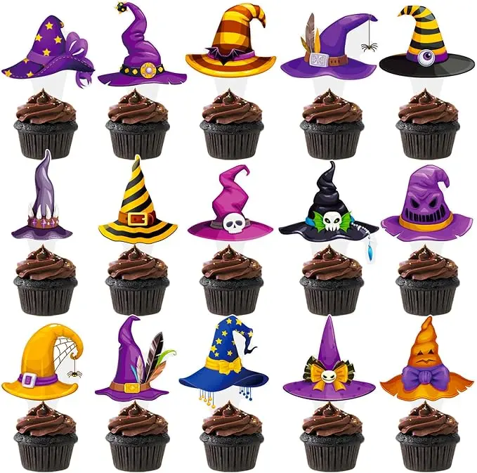 Witch Hat Cupcake Topper Halloween Horror Theme Decorations 48PCS Halloween Witch Hat Cupcake Picks Decor for Boys Girls Birthday Baby Shower Party Supplies