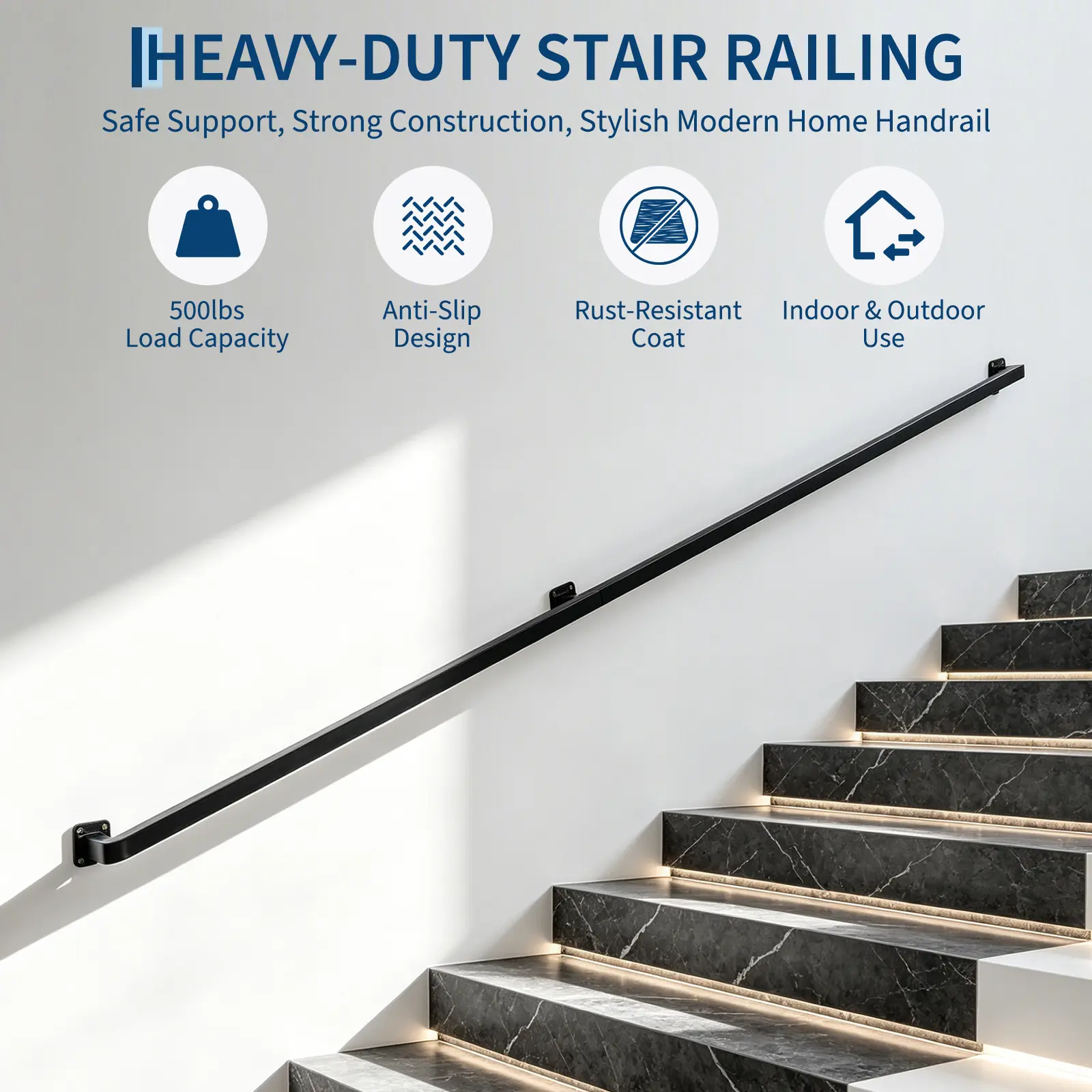 Indoor Stair Railings with 500lbs Load Capacity, Wall-Mounted Metal Hand Rail, Modern Industrial Staircase Handrails for Indoor Outdoor, Loft, Porch, Deck