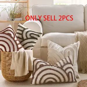 2 Piece Set Half Round Geometric Pattern Pillowcases, Canvas Velvet Embroidery Cushion Covers, Bedroom Living Room Sofa Decor, Versatile Use, No Pillows Included
