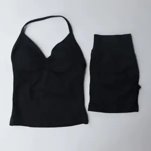 comfy active wear Impact Gym Set 2 Piece Longline Strappy Top Workout Vest Scrunch Shorts Sports Halter Suit Fitness Clothes Seamless Yoga Set Athletic Activewear Tracksuits Textured Sweatsuit