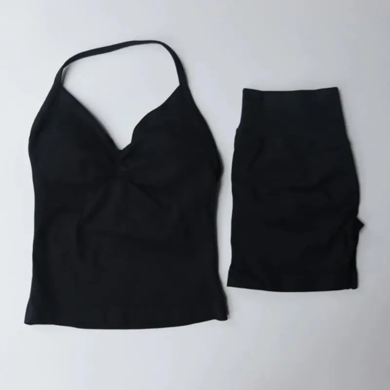 Gym Outfits for Women, 2 Piece Seamless Textured Set, Athleisure Street Fit with Longline Strappy Top and Scrunch Shorts