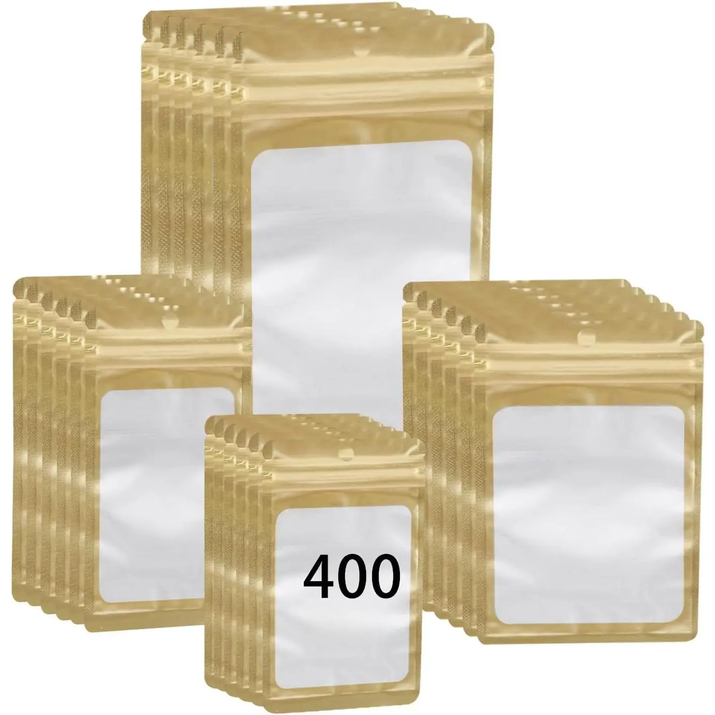 400 Pack 4 Sizes Resealable Mylar Holographic Bags  Storage Smell Proof Bags with Front Window, Zipper Foil Packaging Pouch for Sample  Small Business (,3x4.7,3.1x5.5,4x 6,4.7x 7.9in)