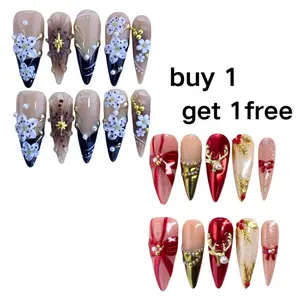 [Buy 1, get 1free]Christmas nails Handmade Press-On Nails 3D Acrylic Almond Stiletto Square Shape Reusable Handmade Press-On Nails , Natural Finish, Durable & Elegant Design (2025 Edition), Ideal for Everyday Office Wear