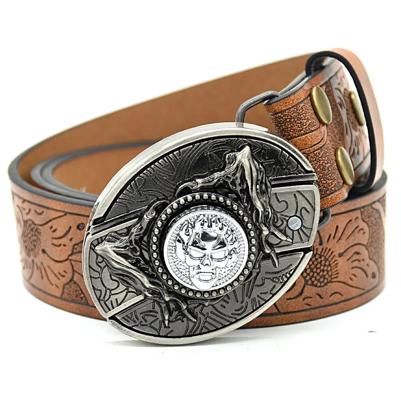 Rotating skull knife buckle embossed brown