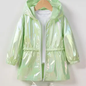 Toddler Girl's Glitter Zip Up Hooded Trench Coat, Shiny Coat Fashionable Long Sleeve Coat for Spring & Fall, Toddler Girls Outerwear for Daily Wear