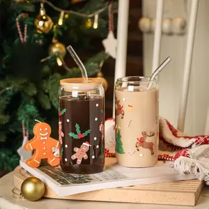Set of 2 Christmas Cups, 16oz Colored Glass Mason Jar Tumblers with Lids and Straws, Iced Coffee Drinking Glasses, Festive Decorations and Gift Set for Women and Men
