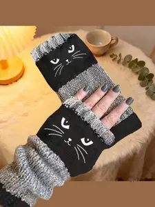 ltra Warm Knit Fingerless Gloves for Women - Adorable Cat Pattern Texting Gloves (1 Pair)