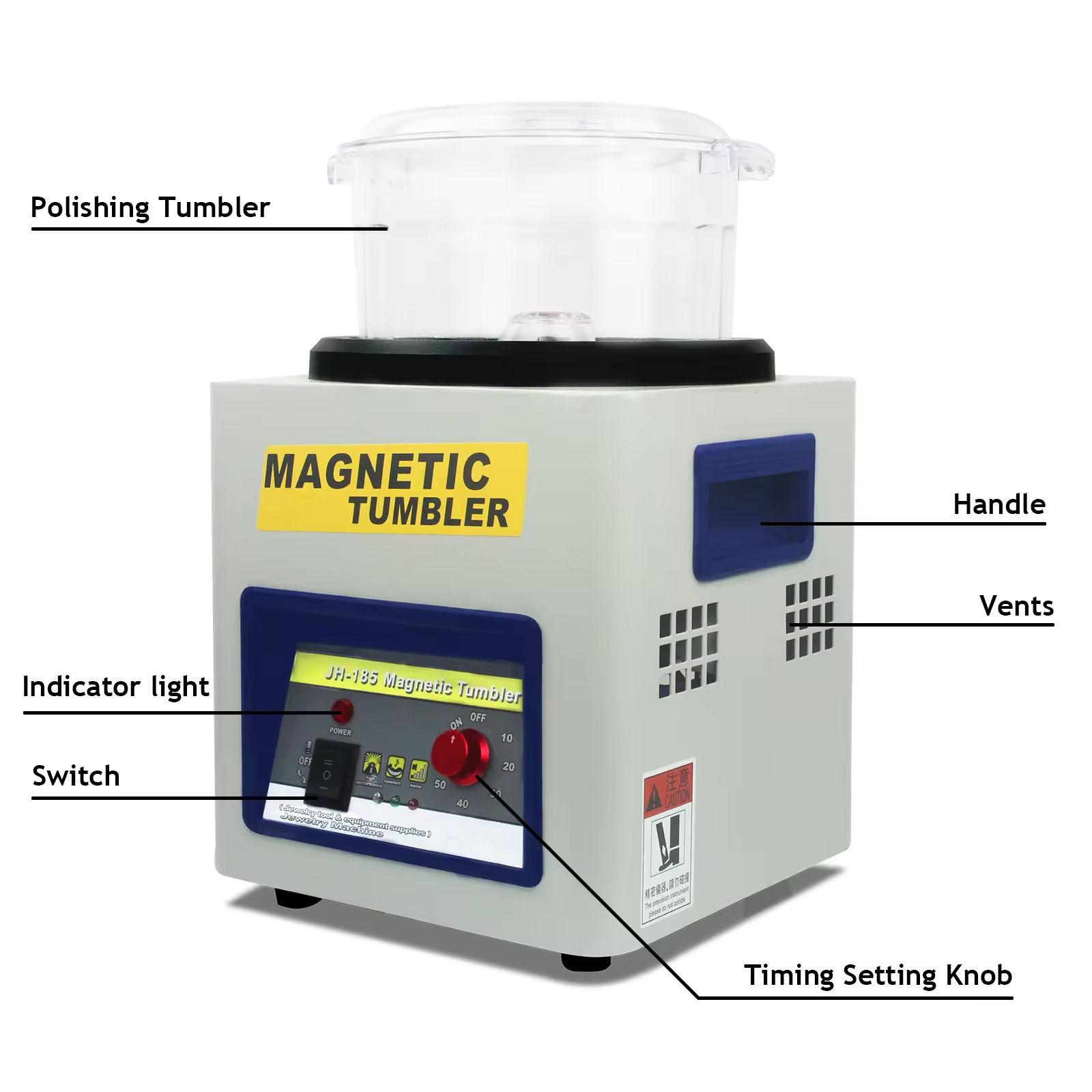 Professional JH-185 Magnetic Tumbler Jewelry Polisher - 60min Timer Magnetic Polishing Machine with 200g 0.3# Magnetic Pins for Gold Silver Jewelry Finishing