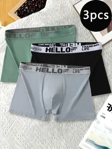 3 Pack Street Style Men's Boxer Briefs, 100% Cotton Breathable Underwear, Trendy Waistband Design, Men's Boxer Shorts