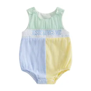 Babamoon Infant Baby Boy Girl Christian Romper Stripe Letter Jesus Loves Me Embroidery Sleeveless Round Neck Religious Jumpsuit Onesie Bodysuit 0-18 Months