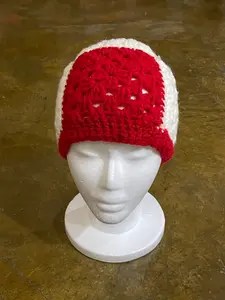 Unisex Hand-crocheted White and Red Granny Square Beanie