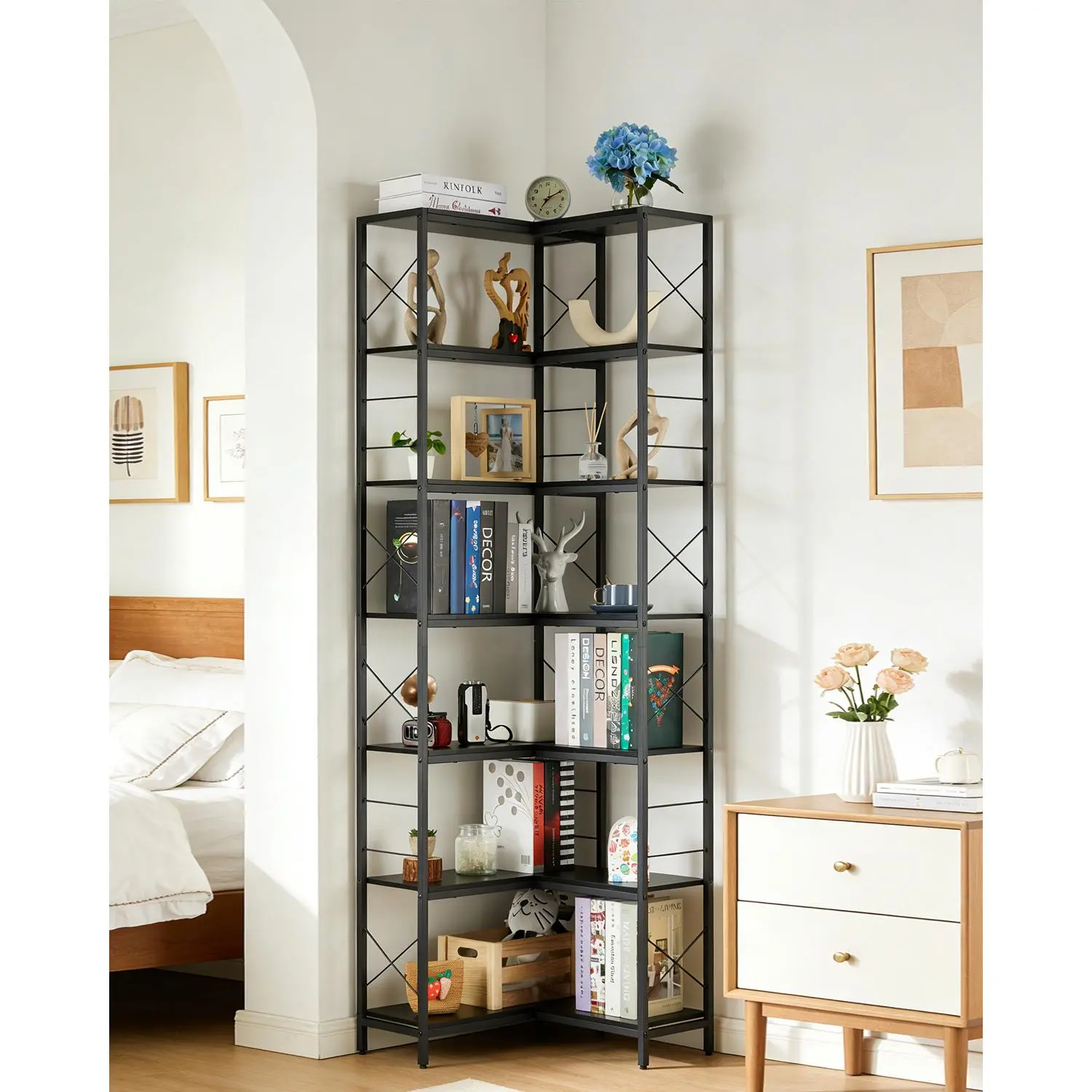 7-Tier Industrial Corner Bookshelf, L-Shaped Metal & Wood Corner Bookcase with Adjustable Feet, Space Saving Display Storage Rack for Living Room Home Office Kitchen
