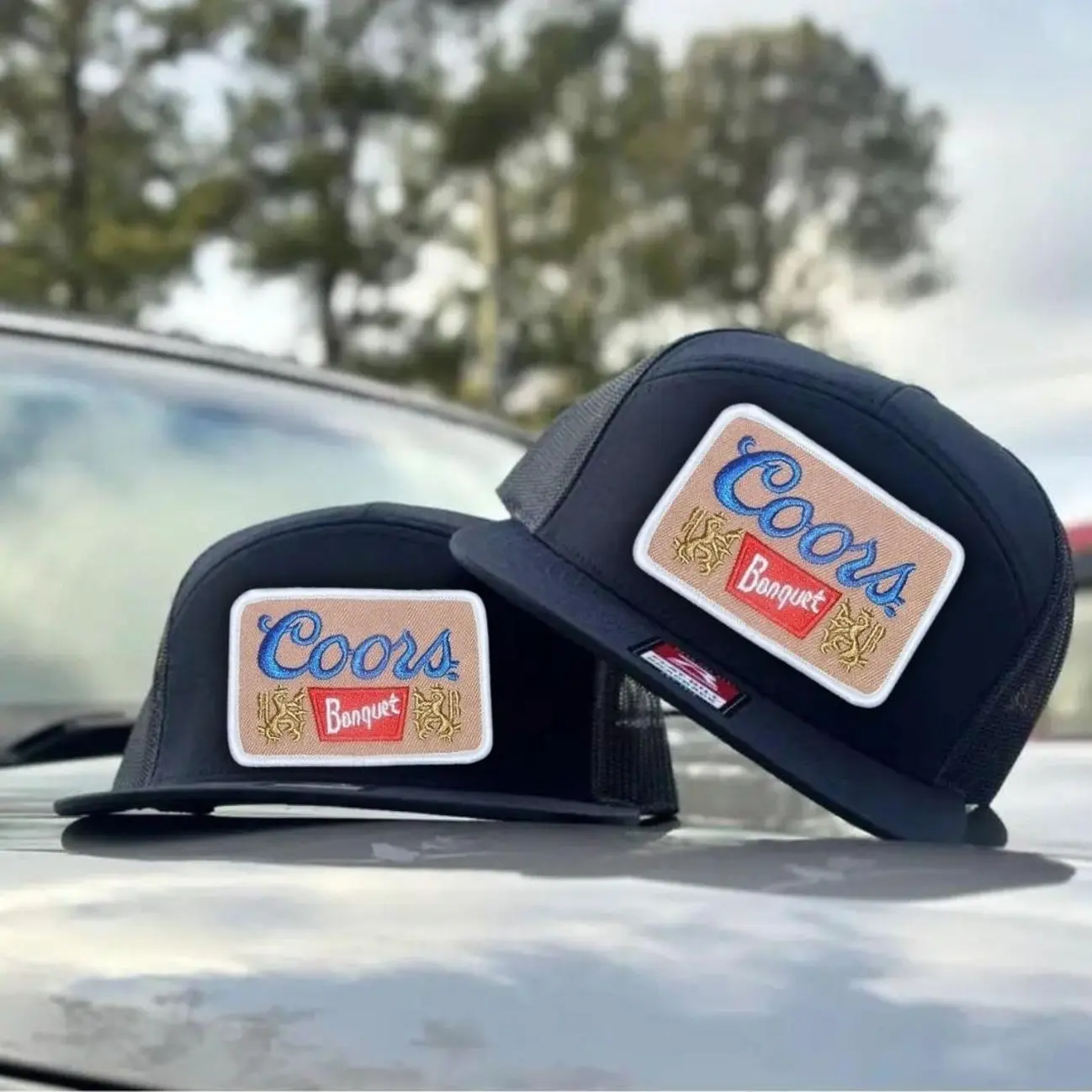 Coors Banquet Retro Vintage Style Beer Embroidered Hat, Camo, Black, White, Khahi/ Brown Trucker Hats Collection, Old School Trucker Cap, Unisex, Fitted, Basic