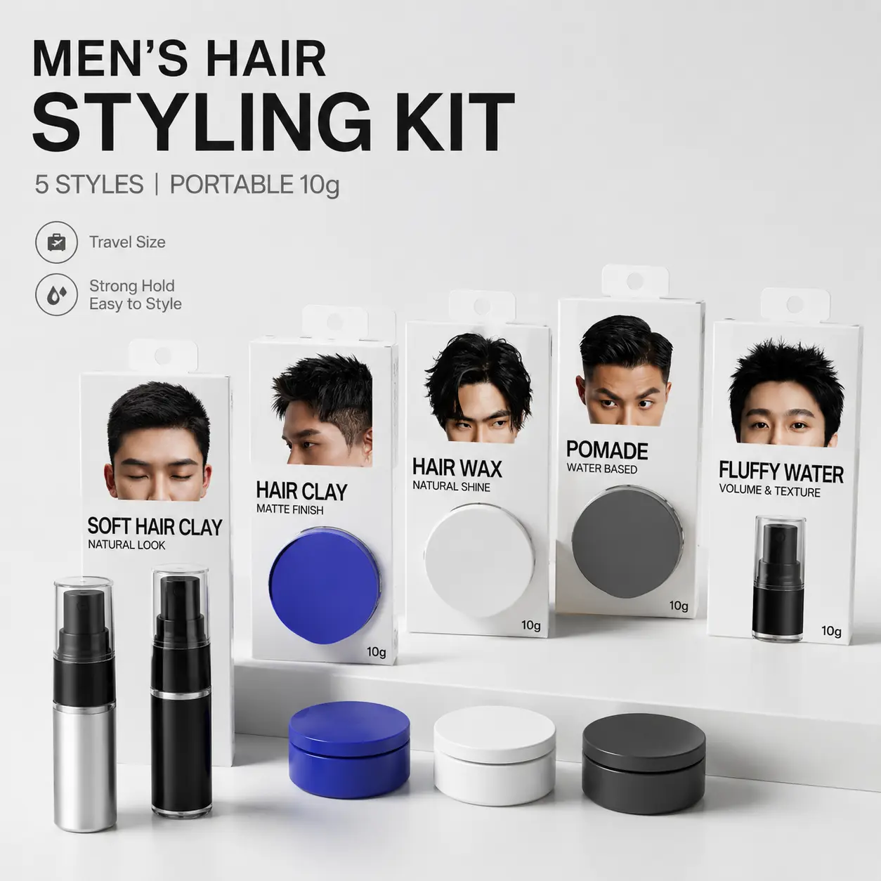 ApexFlow 5PCS Hair Styling Trial Set, Pomade Clay Wax Oil & Spray, Travel Size Sample Kit, 10g Each