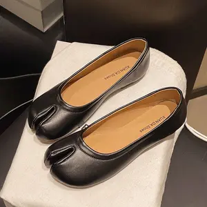 Women's Tabi-Inspired Split-Toe Footwear - Affordable Faux-Leather Slip-In Low-Profile Ballet Flats, Casual for Office Use