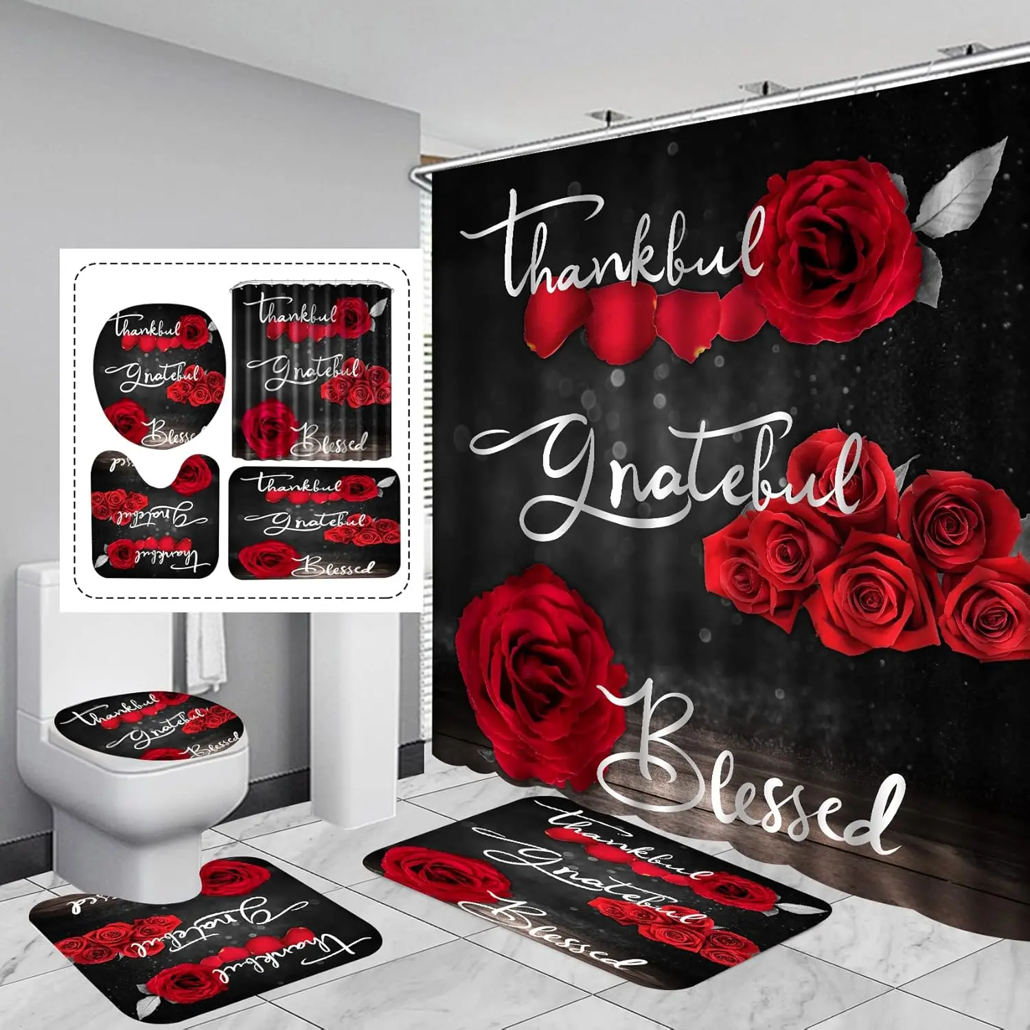 4 count Red Rose Shower Curtain Sets, Thankful Grateful Blessed Bathroom Curtain with Non-Slip Rug, Toilet Lid Cover, Bath Mat and 12 Hooks, Romantic Showy Floral Wedding Decor for Bath, 72 x 72 inch