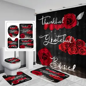 4 count Red Rose Shower Curtain Sets, Thankful Grateful Blessed Bathroom Curtain with Non-Slip Rug, Toilet Lid Cover, Bath Mat and 12 Hooks, Romantic Showy Floral Wedding Decor for Bath, 72 x 72 inch