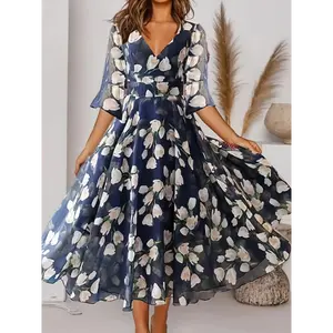 Plus Size, Size Deep V Elegant Maxi Dress - Tulip Floral Print Light Chiffon, Breathable Summer with Flared Skirt, Machine Washable Casual to Formal Wear, Evening Vneck Design, Chiffon Fabric graduation dress