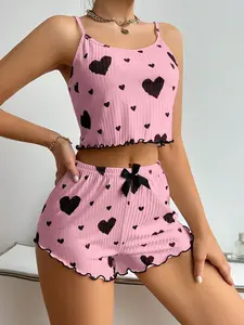 New Summer Thin Pajamas Solid Color Polyester Leisure Suit Homewear Set Sling Shorts Ladies