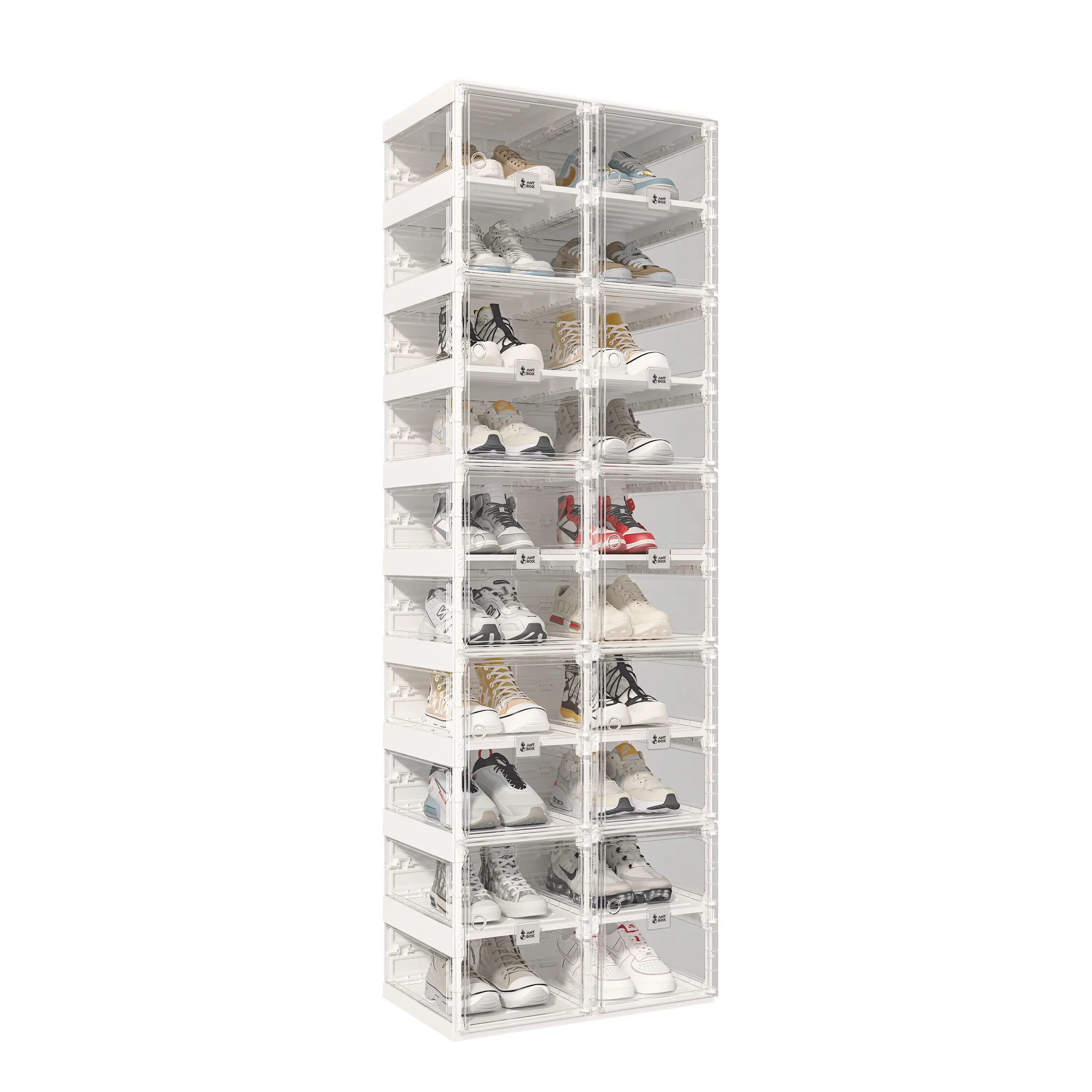 ANTBOX Double Column Stackable Shoe Storage Box with Magnetic Clear Door & Transparent Side Panels, Foldable Plastic Sneaker Organizer for Closet & Entryway, Large Capacity Dustproof Shoe Storage System for Home Organization