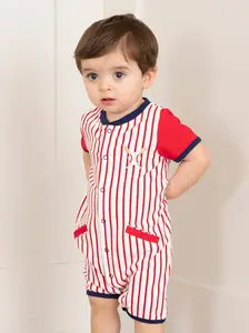 Baseball Stripes Raglan Button Up Romper - Red