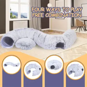 Cat Tunnel Bed for Indoor Cats with Washable Cushion Cat Cave Donut Tunnel with Fluffy Ball Big Round Tube Pet Playground Toys Soft Plush Peekaboo for Kitten, Cat, Puppy, Rabbit, Ferret