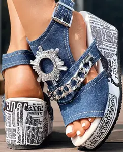 Luxe Denim Wedge Sandals with Newspaper Print Platform & Rhinestone Wedge Accents Adjustable Ankle Strap Open Toe Design for Casual Nights Out