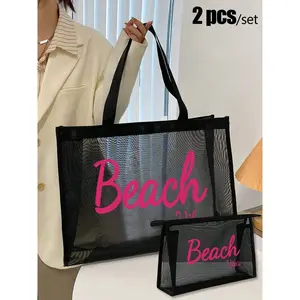 Large Capacity Mesh Bag Set, Beach Letter Pattern Print Net Bag, Hollow Out Mesh Beach Handbag, Washable Makeup Bag, Foldable Waterproof Sandproof Swim Bag, Open Beach Bag