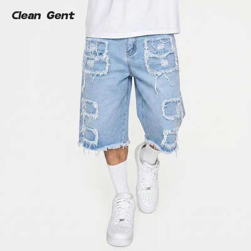 Clean Gent men’s ripped denim shorts, light wash finish, loose casual design with pockets, street-style men’s loose bottoms