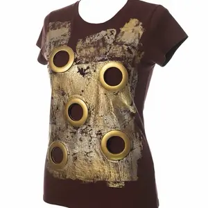 Brown T-Shirt Deconstructed Foil with Gold Circle Design - Womenswear Top