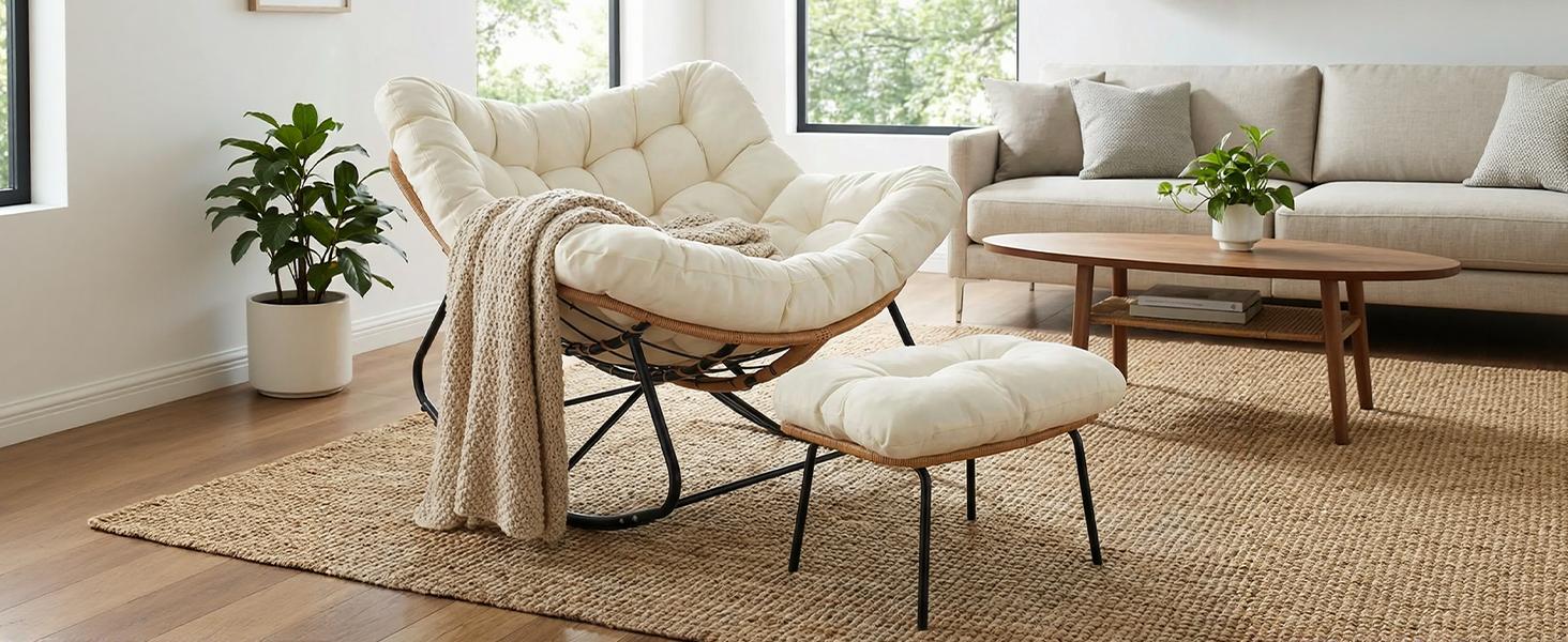 Arlopu Outdoor Papasan Rocking Chair with Ottoman, Oversized Padded Lounge Rocker with Cushion, Comfy Wicker Egg Lounge Chair, Large Indoor Rocking Recliner for Living Room/Porch/Garden