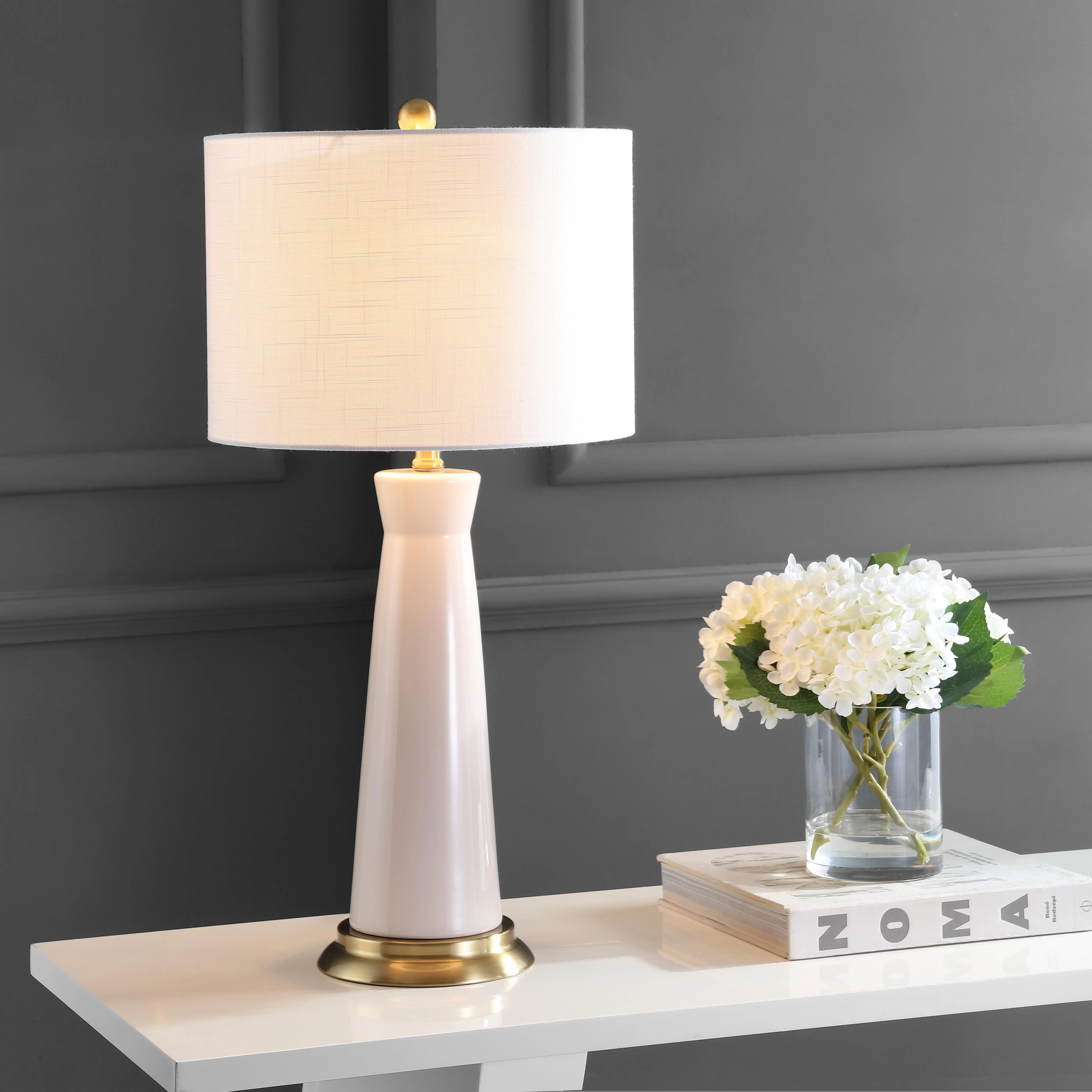 JONATHAN Y Hartley 29" Modern Ceramic Column Tabletop Lamp - Indoor Lighting, Metal Base, Soft Linen Shade, LED Bulb Included, Lights for Bedroom, Decorative Accent Lamps, Bases & Shades, Nightstand Light