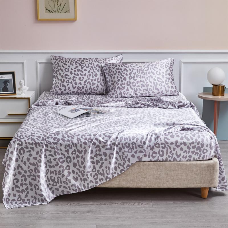 BEKRVIO- 4-Piece Purple leopard Soft Satin Sheet Set Faux Silky Bedding and Pillowcases Cooling & Wrinkle-Free  Fitted  Deep Pocket King Queen Twin Size Skin-friendly & Hair-Protective Low-Friction Cool Touch Breathable Heat-Dissipating Bed Sheet Set