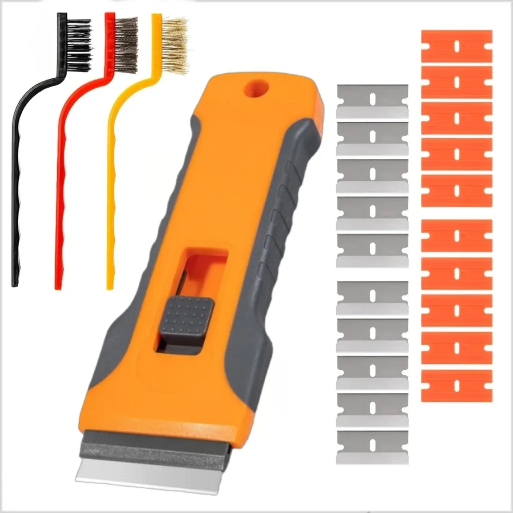 Retractable Razor Scraper Tool Kit, Including 3 Wire Brushes & 20 Replacement Blades, Multipurpose Glue Paint Sticker Remover for Home & Auto Detailing