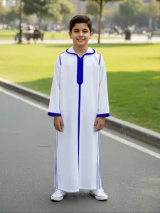 Muslim Islamic Traditional Boy Hooded Print Thobe Robe, Contrast Trim, Long Sleeve with Pockets, Split Hem, Ages 8-12, Comfortable Fashion Summer