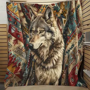 1 Brother Vintage Indian Totem Wolf Soft Blanket Flannel Blanket, Sofa Sofa Office Bed Camping Trip, Multi-Purpose Gift Blanket Suitable for All Seasons