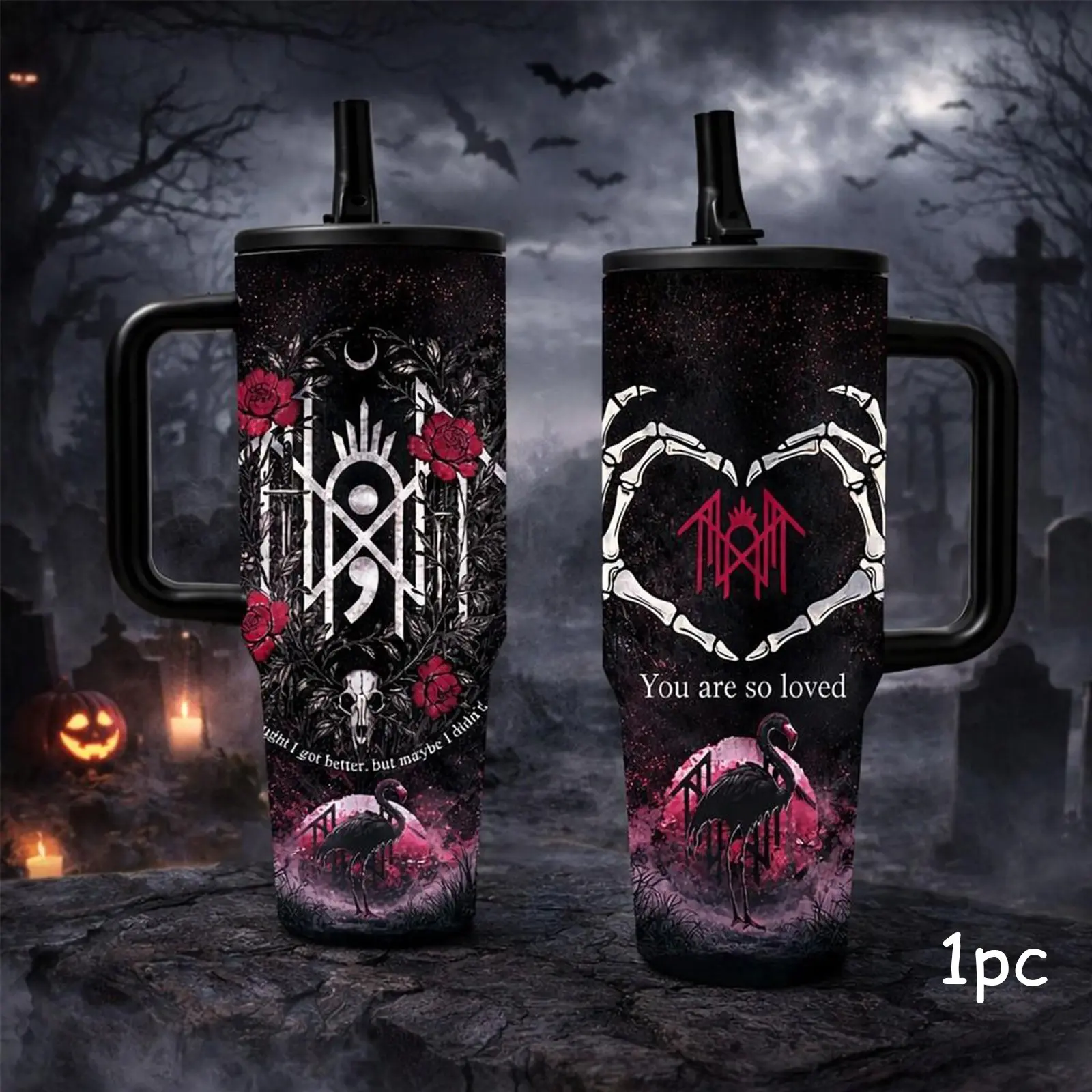 1 Pc 40oz Insulated Mug Double Wall Vacuum, Vacuum Insulated Drinkware, Stainless Steel With Handle And Lid, Leak Proof For Hot Cold Drinks, Keeps Hot 12H Cold 24H, Gothic Skeleton Heart Design Tumbler, Spring Gift